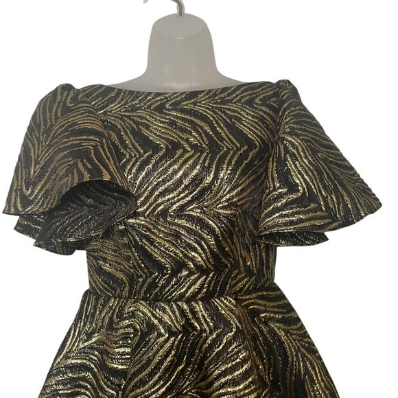 Mac Duggal Black Gold Brocade Flutter Sleeve Gown Dress Size 2 Style 21063 NWT - Picture 5 of 8